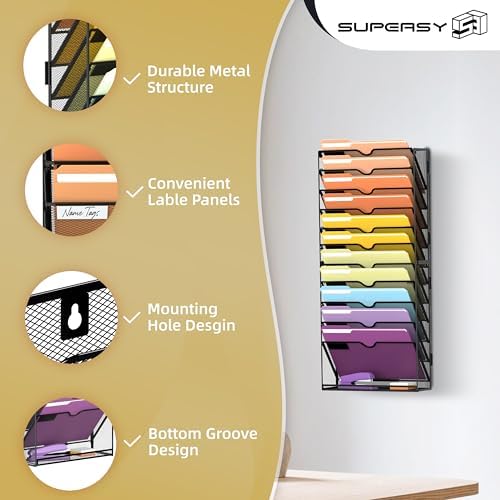 SUPEASY 12-Tier Wall File Organizer, Mesh Hanging Wall Mount File Holder