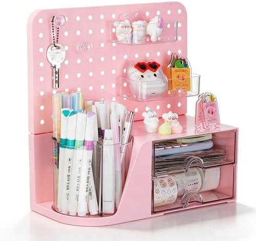 Comix Desk Organizer with 2 Drawer, Pink 360° Rotating Pen Holder for Desk