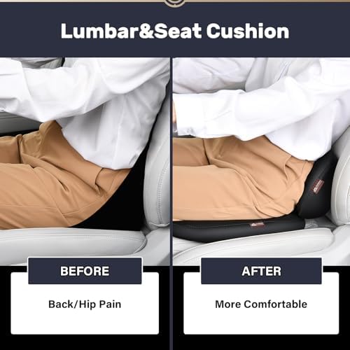 Coverado Memory Foam Car Seat Cushion and Lumbar Support Pillow for Driving Seat, Ergonomic Design Soft and Breathable PU Leather, High Density Memory Foam for Neck & Lower Back Pain Relie