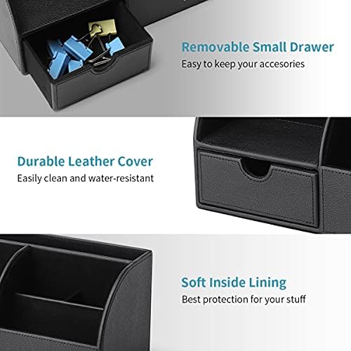 VLANDO Desk Organizer with Drawer, Leather Office Storage Caddy, Black