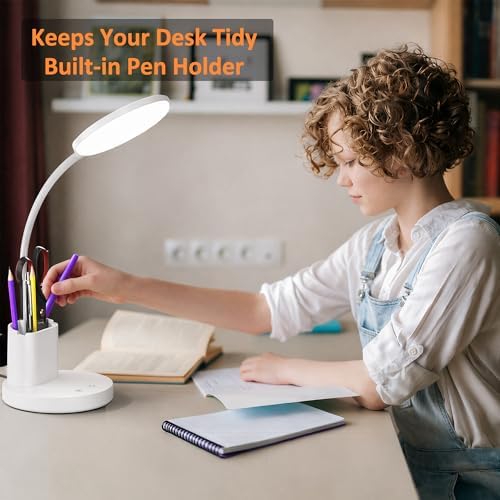 LED Desk Lamp for College Dorm with Pen Phone Holder, White