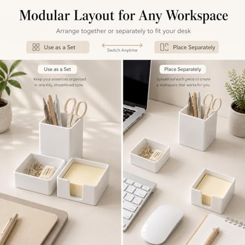 minimaliving Aesthetic Silicone Desk Organizer Set of 3,Modern Office Desk Accessories with Pen Holder,Paperclip Tray,Sticky Note Holder,Stylish Functional Office Desk Decor for Back-to-school(White)