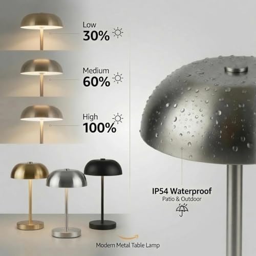 2 Pack Portable LED Mushroom Table Lamp, Metal Cordless Desk Night Light, Stepless Dimming Touch Lamp with 3 Colors for Bedroom Bedside Restaurant Bar, Sliver