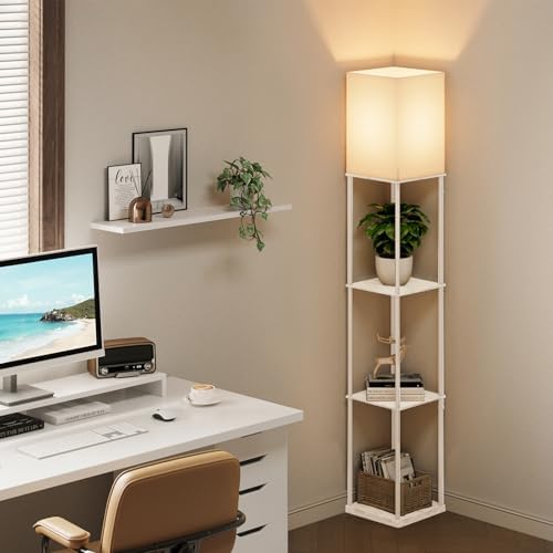 Gupuzm Floor Lamp with Shelves, Modern Square Standing Lamp with 3 Color Temperature Bulb, Corner Display Bookshelf Lamp for Living Room, Bedroom and Office（White）