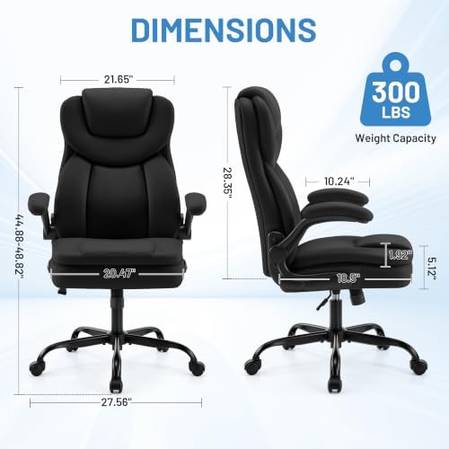 Ergonomic PU Leather Office Chair with Double-Layer Seat Cushion, Adjustable Armrest and Headrest, Reclining Backrest 360° Swivel Rolling Computer Desk Chair for Home Office Gaming Space, Black