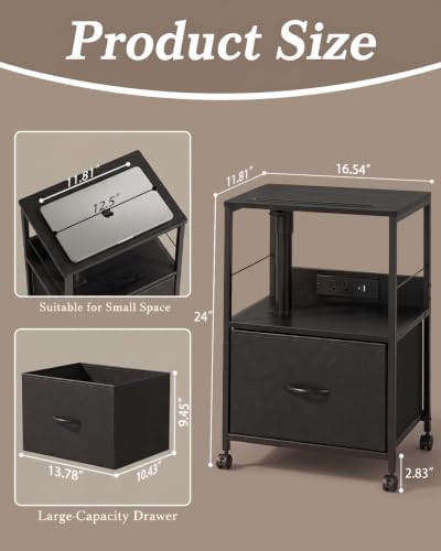 Faesun Night Stand with Charging Station & Swivel Top, Black