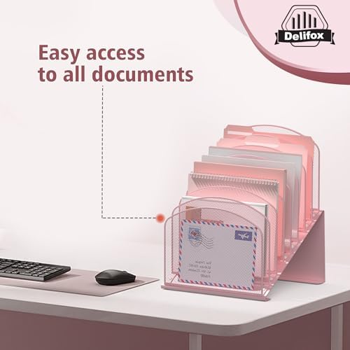 Inclined Desk File Organizer, 8-Section Upright Desk Organizer Standing File Sorter for Office Classroom Desktop Organization (Pink, 8)