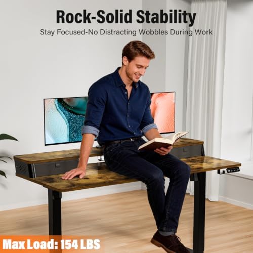 Kingant 48x24 Inch Electric Standing Desk with Dual Drawers, Rustic Brown