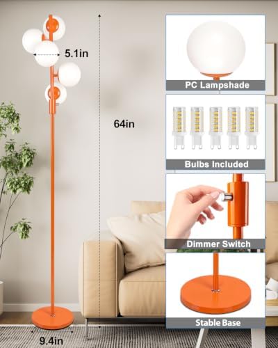 64IN Dimmable Orange Floor Lamp, Tall Standing Lamps with 5 Globe Soft Warm White Eye Care 3000K G9 Bulbs, Mid Century Modern Floor Lamp with 5Lbs Heavy Base for Living Room Bedroom Office