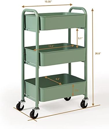 SunnyPoint 3-Tier Delicate Compact Rolling Metal Storage Organizer - Mobile Utility Cart Kitchen/Under Desk Cart with Caster Wheels - Turq (15.35" X 10.24" X 26.8"H)