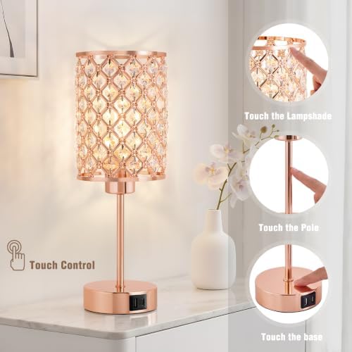 Crystal Table Lamp, Rose Gold Touch Lamp with USB C+A Port, 3-Way Dimmable