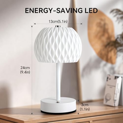Battery Operated Small Table Lamp, 3 Color Temperatures, Rechargeable, Touch Control, Dimmable Desk Lamp, Cordless LED Night Light for Bedroom Patio Camping Restaurant Home, 9.5 in Height, White