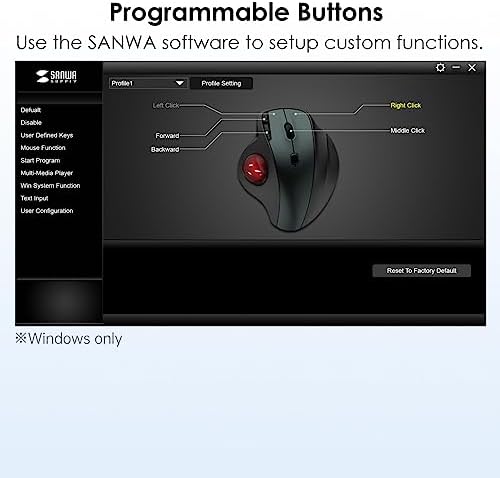 SANWA 2.4G Wireless Trackball Mouse, Silent Click, Programmable Roller Mice