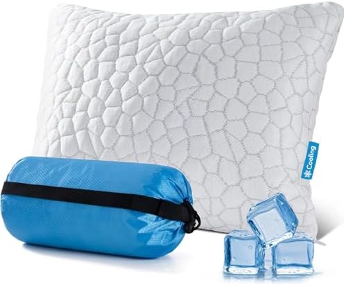 QUTOOL Cooling Pillow for Sleeping, CertiPUR-US Shredded Memory Foam Camping Pillow Set of 1, Backpacking for Hiking Gear, Portable Pillow with Travel Storage Bag, Soft Yet Support,White