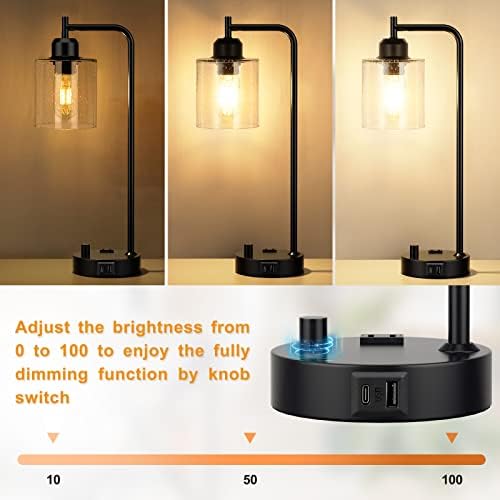 Industrial Desk Lamp, Fully Dimmable Small Bedside Table Lamp, Black, USB C