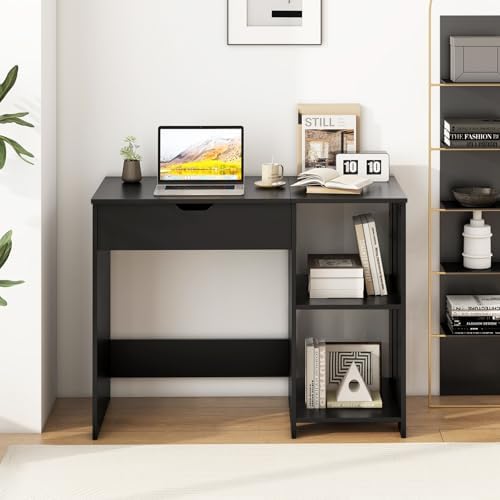 Tangkula Computer Desk with Lift Top, Space Saving Standing Desk with Hidden Compartment and Open Storage Shelves, Study Writing Desk with Lifting Mechanism, Black