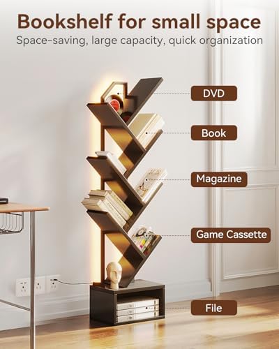 Casaottima Tree Bookshelf with LED Lights, 6-Tier Small Bookshelf, Black