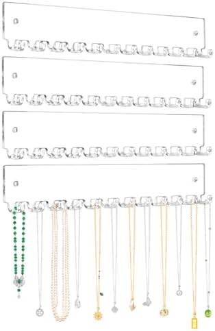Acrylic Necklace Holder 4 Pack Wall Mounted Necklace Organizer Hanging Jewelry Organizer with 12 Hooks for Necklaces, Bracelets, Rings and Bangles Display
