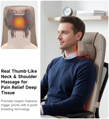 Flekzo Shiatsu Back Massager Chair Pad with 4-Zone Heat, Deep Tissue Kneading & Rolling, 6-Point Finger-Grip Neck & Back Massage, Adjustable Height, Office Chair & Recliner Seat Cushion, Khaki