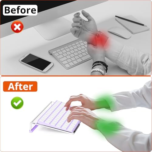 Richboom Computer Keyboard Stand for Desktop, 11.8" Tiny Clear Acrylic Keyboard Riser 78 Keys Compact Keyboard Lift for Desk Ergonomic Short Keyboard Holder Tray with White and Purple Silicone Strip