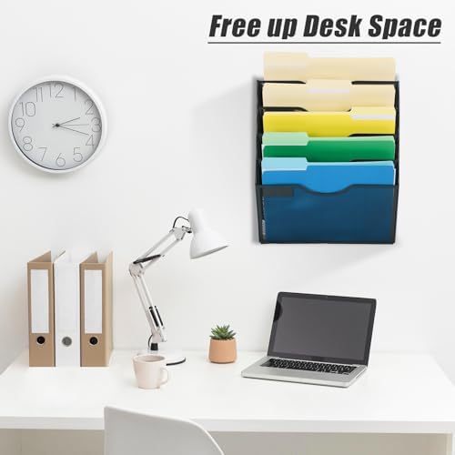 EASEPRES 5 Pocket Mesh Hanging Wall File Organizer, Wall Mounted Mail Paper Document Folder Holder, Clipboard Storage Organization Magazine Rack with Nametag Label for Office Home School, Black