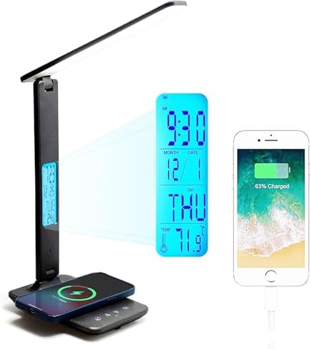 AYI Multi-Functional Desk Lamp 10W Qi Wireless Charger 3 Color Modes 5 Brightness Levels Eye-Caring LED Light Faux Leather Finish Calendar Temperature Display Office Table Lamp TX26 Black.
