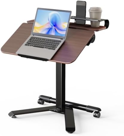 ROMOON Rolling Standing Desk with Wheels, Portable 24 inch Sit-Stand Laptop Cart with Tilt Top and Storage, Mobile Compact Workstation for Home Office and Small Spaces (Walnut)