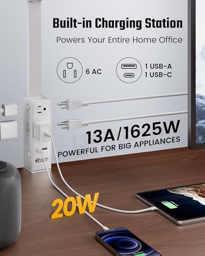 SUPERDANNY LED Desk Lamp Computer Light with Power Strip with Clamp White