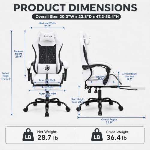 Mid Back Gaming Chair with Footrest, 90°-135° Reclining Computer Chair with Headrest and Lumbar Pillow, Linked Armrests, Height Adjustable 360° Swivel Rolling Office Chair (Whtie-N)