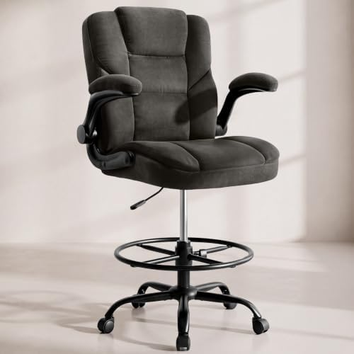 Drafting Chair 500Lbs, Tall Office Chair for Standing Desk, Fabric Executive Office Chair with Flip-up Armrests, Ergonomic High Chair with Adjustable Foot Ring, Comfy Stool Chairs, Black