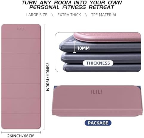 ILILI Foldable Yoga Mat 10mm, Extra Thick, Extra Long, 75x26x0.4 Inch, TPE