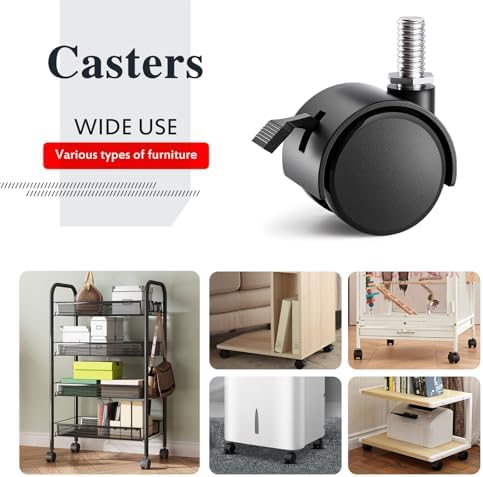 Stem Casters, 1.5 Inch Furniture Casters Set of 4, Threaded Stem Diameter 5/16" Plastic Locking Caster Wheels, Black Swivel Small Castors with T-Nuts, for Table, Cabinet, Storage Rack