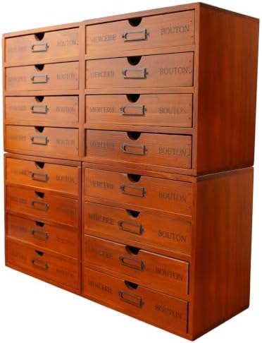 Stackable Apothecary Cabinet, 16 Drawer Wooden Storage I Vintage Card Catalog Style Organizer for Coins, Trading Cards, Crafts & DMC Floss I Multi Drawer Modular Wood Desk Cabinet w/Label Holders