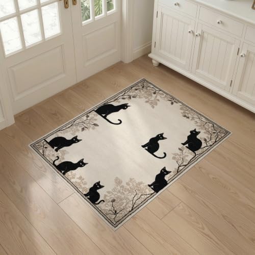 3'x5' Black Cat Taupe Design with Motifs Washable Throw Rug