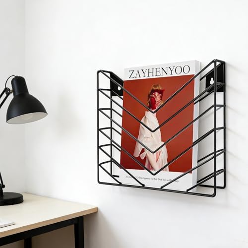 ZAYHENHYOO Wall Mounted Magzine Organizer, Wall Mounted Magazine Holder Metal for Hanging And Desktop Stand, Hanging Wall File Bracket for Home, Office Storage (2P Black)