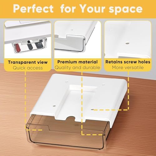 2 Pack Under Desk Hanging Drawer Slide Pull Out, Attachable Clear Acrylic Storage Tray, Easy Hidden Self Adhesive Mount Cabinet Shelf Holder for Tables, Home & Office, Counters, Workstation
