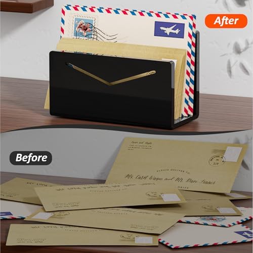 FUCDTEFC Acrylic Mail Holder, Black Acrylic File Letter Organizer, Vertical Envelope Mail Holder for Desk, Lightweight Countertop Bill Holding Sorter Letter Invoice Stand for Home Office School