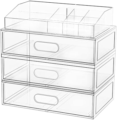 Clear Stackable Makeup Organizer with Drawer, 12''W Acrylic Storage Drawers
