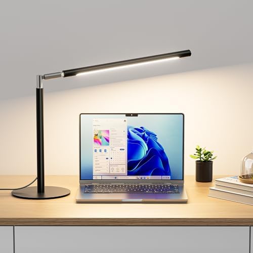 SIBRILLE Metal LED Desk Lamp, 16" Dimmable Desk Light with Base, 15W 1200LM, Adapter Included, Color & Brightness Adjustable, Modern Tall Table Lamp for Home Office Reading Study Task Laptop, Black