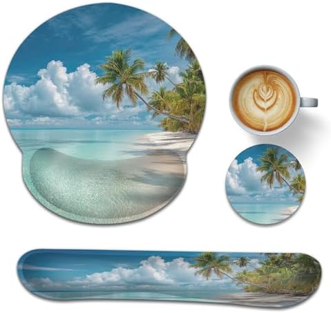 Wrist Rest Support for Mouse Pad Keyboard Set, Hawaii Beach Palm Tree Mouse Pad with Non Slip Rubber Base for Home and Office Typing Support