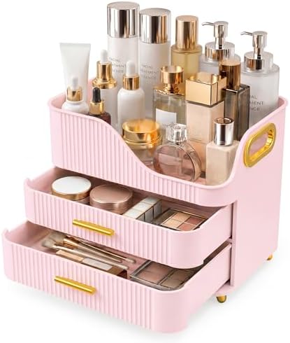 Booklov Large Makeup Organizer for Vanity, Bathroom Countertop, Pink