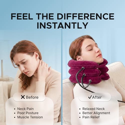 Inflatable Neck Stretcher for Neck Pain Relief, Cervical Traction Device with Hand Pump, 3-Layer Adjustable Neck Decompression Collar for Pinched Nerve, Stiff Neck & Tech Neck Support