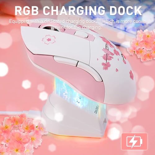 DAREU Sakura Pink Wireless Gaming Mouse with Charging Dock Rechargeable RGB,12K DPI,6 Programmable Buttons High-Precision Sensor [300IPS] [1000Hz] for PC Notebook Mac