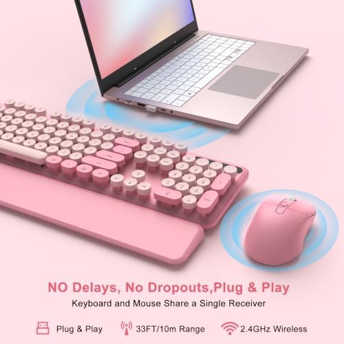 Pink Wireless Keyboard and Mouse Combo, Magnetic Wrist Rest, Round Keycap