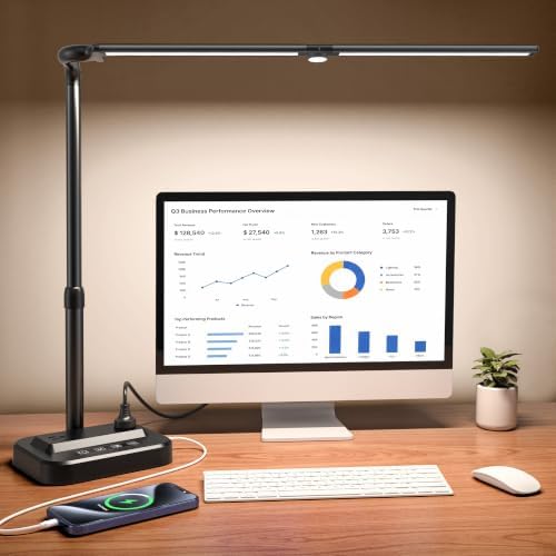 SIBRILLE LED Desk Lamp, Ultra Wide Computer Light, Dimmable Desk Light with USB Fast Charging, Adjustable Foldable Eye Caring Office Desk Lamp for Monitor Work Gaming Home Study