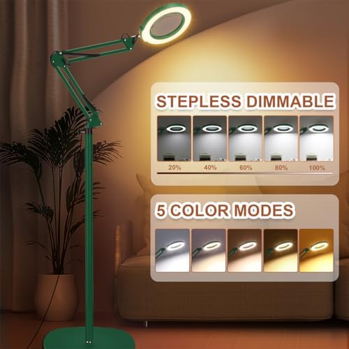 LANCOSC 15X Magnifying Glass with Light and Stand, 3-in-1 Adjustable Swing Floor Lamp, 5 Color Modes Stepless Dimmable, LED Lighted Hands Free Magnifier & Clamp for Reading, Crafts, Painting - Green
