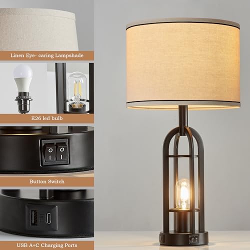 SRJJA 24" Black Table Lamps for Living Room Bedroom Set of 2, USB A+C