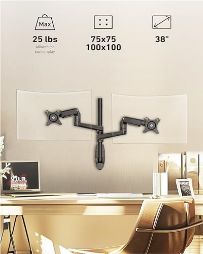 Ergounion Dual Monitor Wall Mount for Flat or Curved Screens up to 38" Within 25 lbs, Adjustable Monitor Arm with Cable Management, VESA 75x75/100x100mm Monitor Mount for 2 Monitors, Black