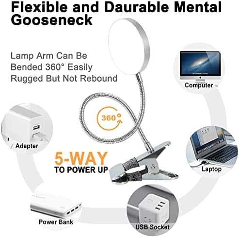 LiFMIRA Clip on Lamp Reading Light 5 Color Modes 10 Brightness 8W Silver