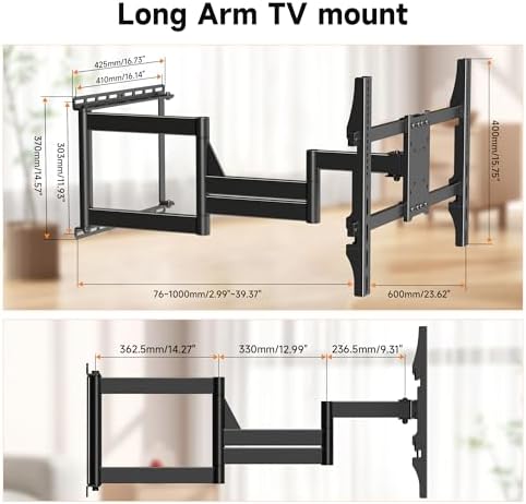 XINLEI Long Arm TV Wall Mount for Most 32-84 Inch TVs, 40” Extension Full Motion TV Bracket with Swivel Articulating Extension Tilt Arm, Max Support 132lbs, VESA 600x400mm, Max 16" Wood Stud, MA1079L